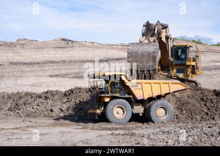 Backloading Mining Backhoe wheel loading a mineral truck and another excavator in the ...