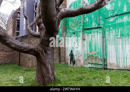 London, UK. 19th March, 2024. New artwork by world-renowned street artist Banksy which had appeared the previous day is pictured on the side of a residential building behind a tree located in the garden of a social housing block in Finsbury Park. The artwork, claimed by the street artist, takes the form of green paint sprayed onto a wall behind a pollarded cherry tree so as to appear like foliage when viewed from the front, together with a stencil of a woman holding a pressure washer. The shade of green paint used appears to match that used by Islington Council for its social housing signs. Cr Stock Photo