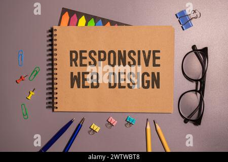 Responsive Web Design is an approach to web design that aims to make web pages render well on a variety of devices and screen sizes, text concept back Stock Photo