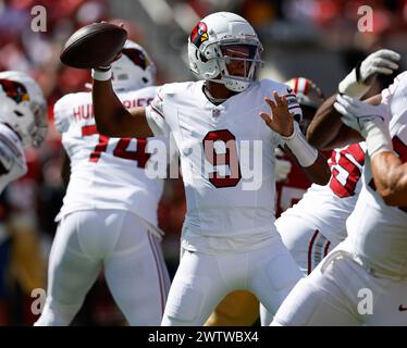 Santa Clara, United States. 01st Oct, 2023. Arizona Cardinals starting quarterback Joshua Dobbs (9) throws against the San Francisco 49ers in the first quarter at Levi's Stadium in Santa Clara, Calif., on Sunday, Oct. 1, 2023. (Photo by Nhat V. Meyer/Bay Area News Group/TNS/Sipa USA) Credit: Sipa USA/Alamy Live News Stock Photo