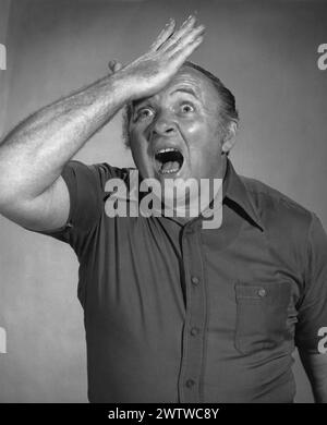 Middle-aged man and a button-down sports shirt looking up well yelling and putting one hand on his forehead as to symbolize 'how that I forget that' Stock Photo