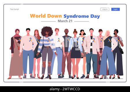 World Down Syndrome Day. Different people standing side by side with a yellow blue ribbons. Modern concept for website development, social media. Stock Photo