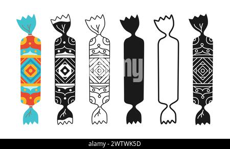 Wrapped candy with doodle ornament. Cartoon symbol bonbon, stamp lollipop, silhouette, line icon sweets snack design set. Tasty sugar dessert childish food. Wrapped caramel candy vector illustration Stock Vector