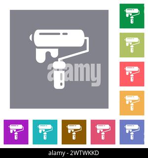 Painting with paint roller flat icons on simple color square backgrounds Stock Vector
