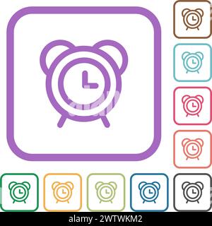 Retro alarm clock outline simple icons in color rounded square frames on white background Stock Vector