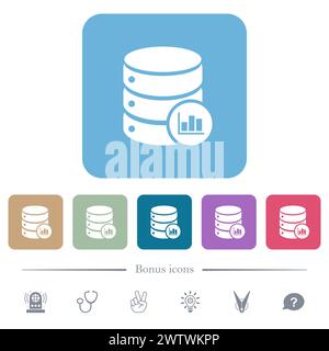 Database statistics solid white flat icons on color rounded square backgrounds. 6 bonus icons included Stock Vector