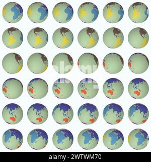 Collection of planet globes. Tilted sphere view. Rotation step 10 degrees. Colored continents style. Stock Vector