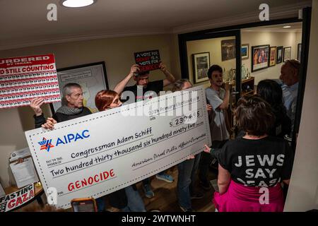 Burbank, California, USA. 19th Mar, 2024. If Not Now Los Angeles occupies the offices of Congressman Adam B. Schiff in Burbank, California, on March 19, 2024, in an eight hour sit-in demonstration. (Credit Image: © Jake Lee Green/ZUMA Press Wire) EDITORIAL USAGE ONLY! Not for Commercial USAGE! Stock Photo