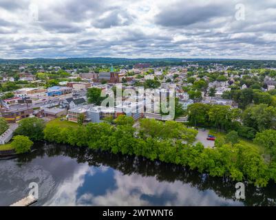 South Lawrence historic city by Merrimack River aerial view including Saint Patrick Parish Church on S Broadway in city of Lawrence, Massachusetts MA, Stock Photo