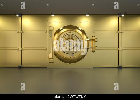 3d rendering golden bank vault door closed Stock Photo