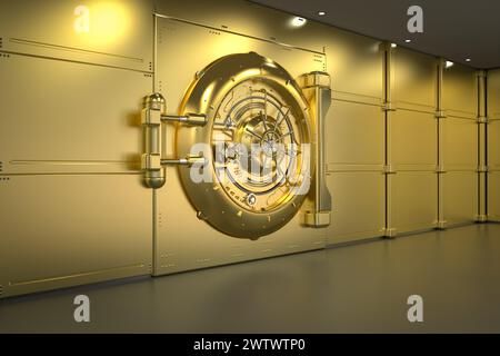 3d rendering golden bank vault door closed Stock Photo