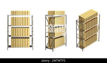 3d rendering heap of gold bullion on shelf isolated on white Stock Photo