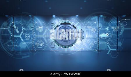 Cyber security with 3d rendering vault door and ai technology network Stock Photo