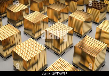 3d rendering heap of gold bullion in bank vault safe Stock Photo