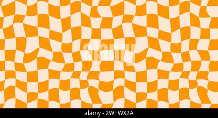 Seamless orange liquid checkerboard pattern. Repeated distorted checkered texture. Groovy trippy abstract surface background. Vector vintage retro style wallpaper for textile, fabric, wrapping paper Stock Vector