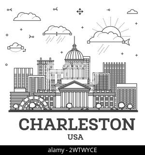 Outline Charleston West Virginia USA City Skyline with Modern Buildings Isolated on White. Vector Illustration. Charleston Cityscape with Landmarks. Stock Vector