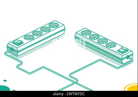 Electrical power socket strip. Vector illustration. Isometric outline concept. Two objects. Modern electric extension cord. Powerboard with four slots Stock Vector
