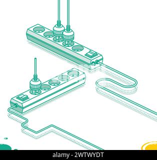 Modern electric extension cord with plug. Electrical power socket strip. Vector illustration. Isometric outline concept. Two objects. Stock Vector