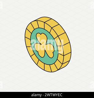 Yellow green coin. Isometric icon. Symbol of Saint Patrick day. Vector illustration. Modern style. Stock Vector