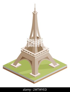 Isometric Eiffel tower in Paris. Vector illustration. Infographic design element. Landmark isolated on white background. Symbol of France. Stock Vector