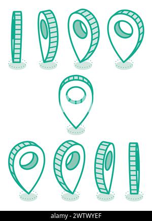 Isometric map pointers. Vector illustration. Set in various angles. Map pointer 3d pin. Location symbols. Outline objects. Stock Vector