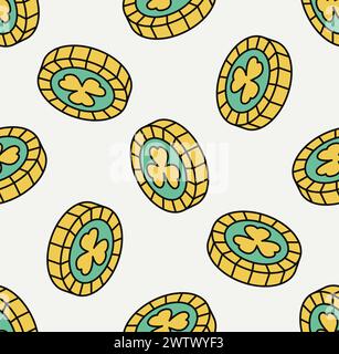 Seamless pattern with yellow green coin. Isometric icon. Symbol of Saint Patrick day. Vector illustration. Modern style. Stock Vector