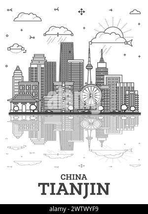 Outline Tianjin China City Skyline with Modern Buildings and reflections Isolated on White. Vector Illustration. Tianjin Cityscape with Landmarks. Stock Vector