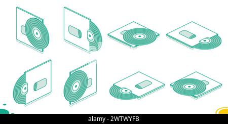 Set of Vinyl Plates. Vector illustration. Isometric objects isolated on white background. Vintage 3d elements in outline style. Stock Vector