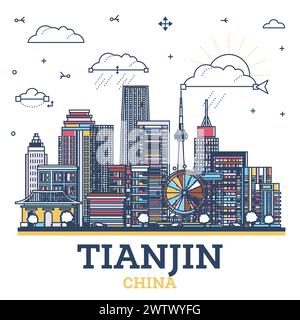 Outline Tianjin China City Skyline with colored Modern Buildings Isolated on White. Vector Illustration. Tianjin Cityscape with Landmarks. Stock Vector