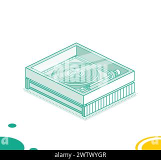 Isometric vinyl player with disk and cover. Vector illustration. Object isolated on white background. Vinyl recorder. 3d element in outline style. Stock Vector