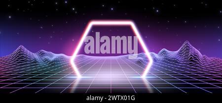 Cyberpunk background with neon hexagon on wireframe landscape. Vector realistic illustration of y2k style banner, retro wave starry night sky gradient and grid mountains, synthwave light frame design Stock Vector
