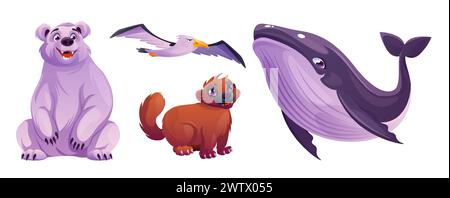 North pole animals in cartoon vector illustration set - cute toon white bear, wolverine with brown fur, big blue striped whale and flying albatross or seagull. Polar arctic wildlife mammals and bird. Stock Vector