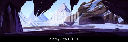 View from cave at snowy mountains. Vector cartoon illustration of rocky peaks covered with ice glacier, stalactites inside hollow stone cavern, prehistoric tunnel, snowflakes flying in frosty air Stock Vector