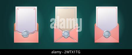 Set of open pink envelopes with blank letters inside isolated on background. Vector realistic illustration of paper sheets decorated with frames, blank space for text, email message notification icon Stock Vector