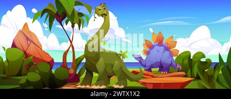 Summer island with dinosaur near sea landscape. Tropical ocean background scene with brachiosaurus and triceratops. Adventure on seaside shore panorama illustration with beautiful palm tree view Stock Vector