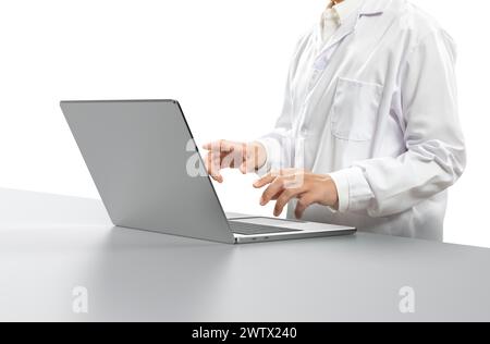 Doctor wear white lab coat work with laptop isolate on white background Stock Photo