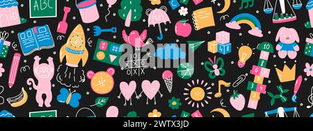 Colorful daycare seamless pattern. Rocket, hopscotch, toys, book, balloon, house, fruits and other elements Stock Vector