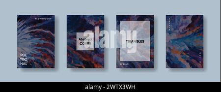 Low poly vertical abstract colorful flyers, collections of A4 size covers, set backgrounds, trendy, geometric, cyber polygonal and multicolor beautifu Stock Vector