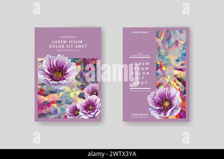 Low poly vertical abstract spring colorful purple, pink flyers with flowers, collections of A4 size covers, set backgrounds, trendy, geometric, cyber Stock Vector