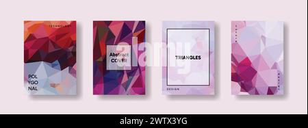 Low poly vertical abstract colorful flyers, collections of A4 size covers, set backgrounds, trendy, geometric, cyber polygonal and multicolor beautifu Stock Vector
