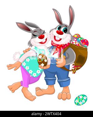Cartoon bunnies with Easter eggs. The hares smile and hold Easter-colored eggs in their paws. Stock Vector