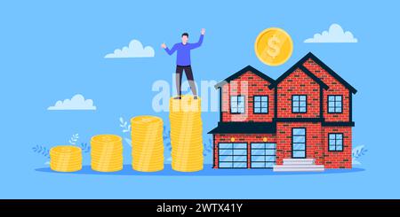 Mortgage saving money to buy a house flat style design business concept. Real estate property or mortgage loan investment. Businessman climbs money co Stock Vector