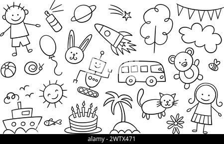 Children sketch drawing. Kid doodle elements. Boy, girl and robot. Big bus and sea ship. Toy bear and rabbit. Cute cat and fish. Vector illustration Stock Vector