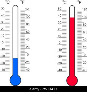 Meteorological thermometers degree scales with Celsius and Fahrenheit cold and heat temperature readouts. Outdoor temperature measuring tools isolated on white background. Vector flat illustration. Stock Vector