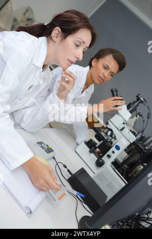 female lab workers look for chemical data in laboratory Stock Photo