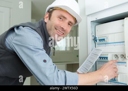electrician posing next to electrical panel Stock Photo