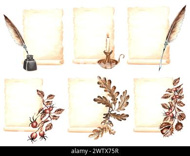 Set of vintage compositions parchment paper sheets with inkwell, feather pen, candle and plants branches. Hand drawn watercolor illustration of papyru Stock Photo