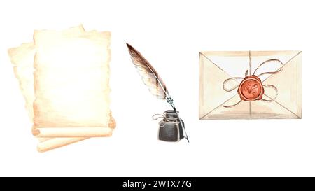 Set of vintage writing supplies. Parchment paper and envelope, feather pen and inkwell, wax seal. Hand drawn watercolor illustration of papyrus. Lette Stock Photo