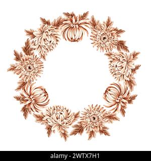 Vintage round frame from chrysanthemum flowers. Monochrome hand drawn autumn watercolor illustration. Isolated floral spring wreath. Template with cop Stock Photo