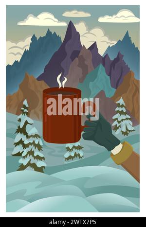 Vector cartoon illustration with hand holding coffee cup against winter mountains peak and sunrise background. Vintage adventure and tourism concept. Stock Vector